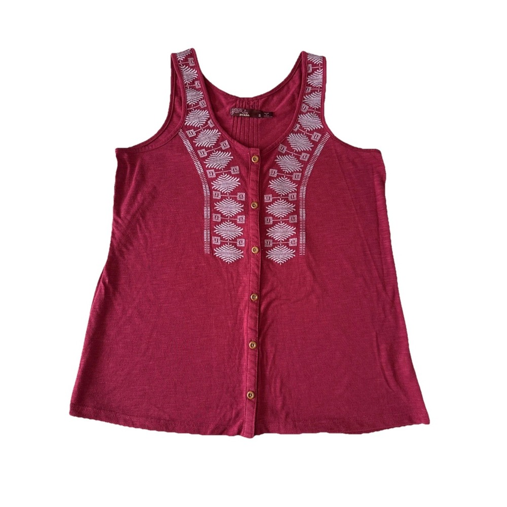 Prana Embroidered Button Front Pleated Tank Top Women's S Relaxed Boho Festival